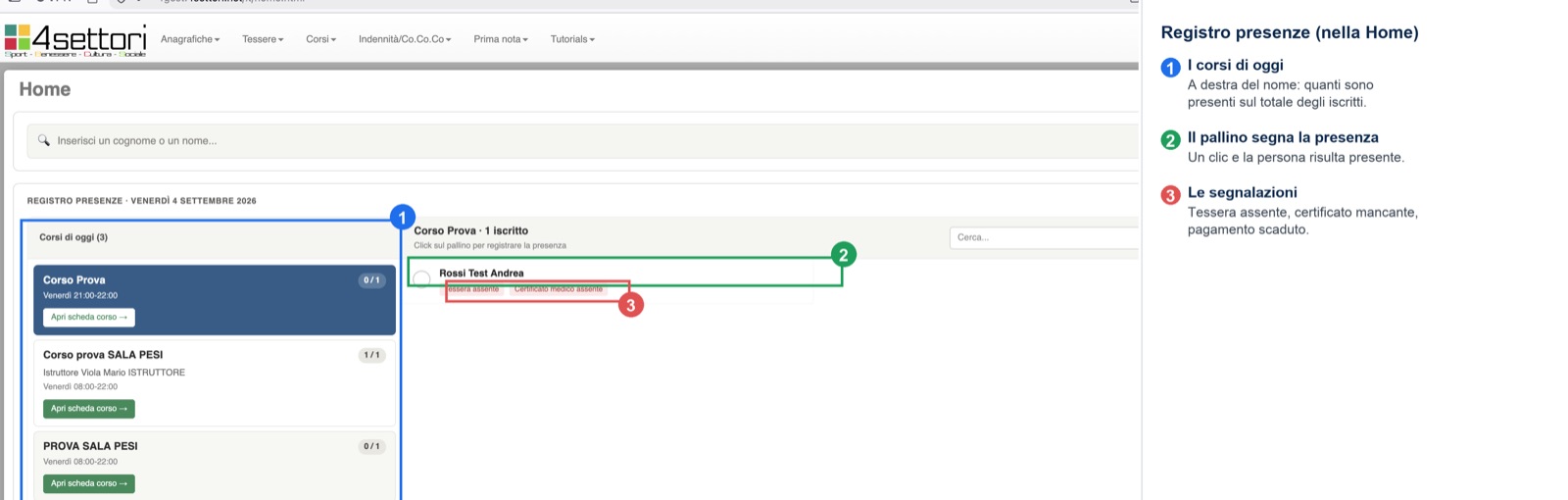 Il registro presenze nella Home